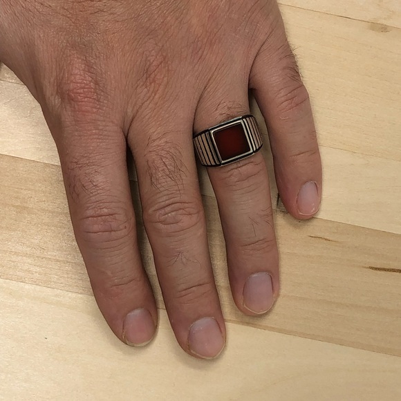 925 Silver Red Agate Mens Ring - Picture 4 of 4